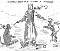 1913 yılındaki durumu anlatan Arnavut karikatürü. Maymun Karadağ, leopar Yunanistan, Yılan Sırbistan