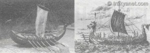 εικόνα του παλιού μοντέλου πλοίου και του πραγματικού πλοίου Βίκινγκ στο μουσείο Asov